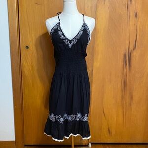 Black Midi Halter Dress White Embroidery Backless Elastic Pintuck Waist Ruffle